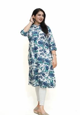 White  And Blue Floral Motifs Cotton Kurta