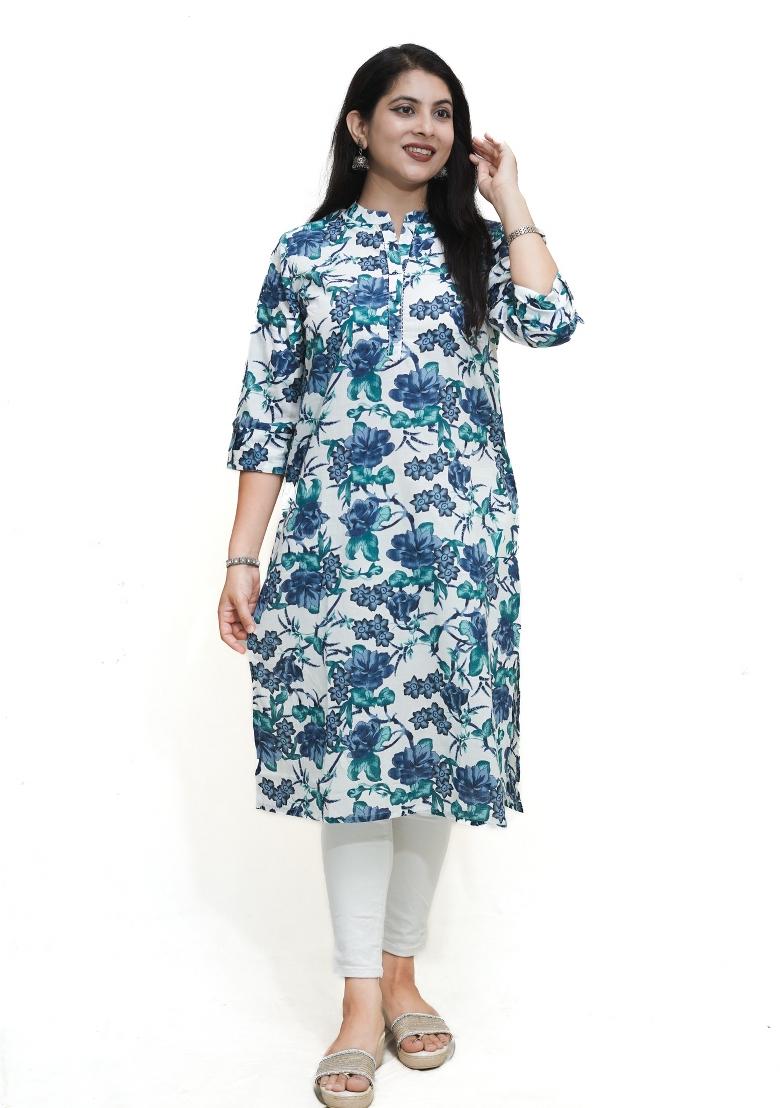 White  And Blue Floral Motifs Cotton Kurta