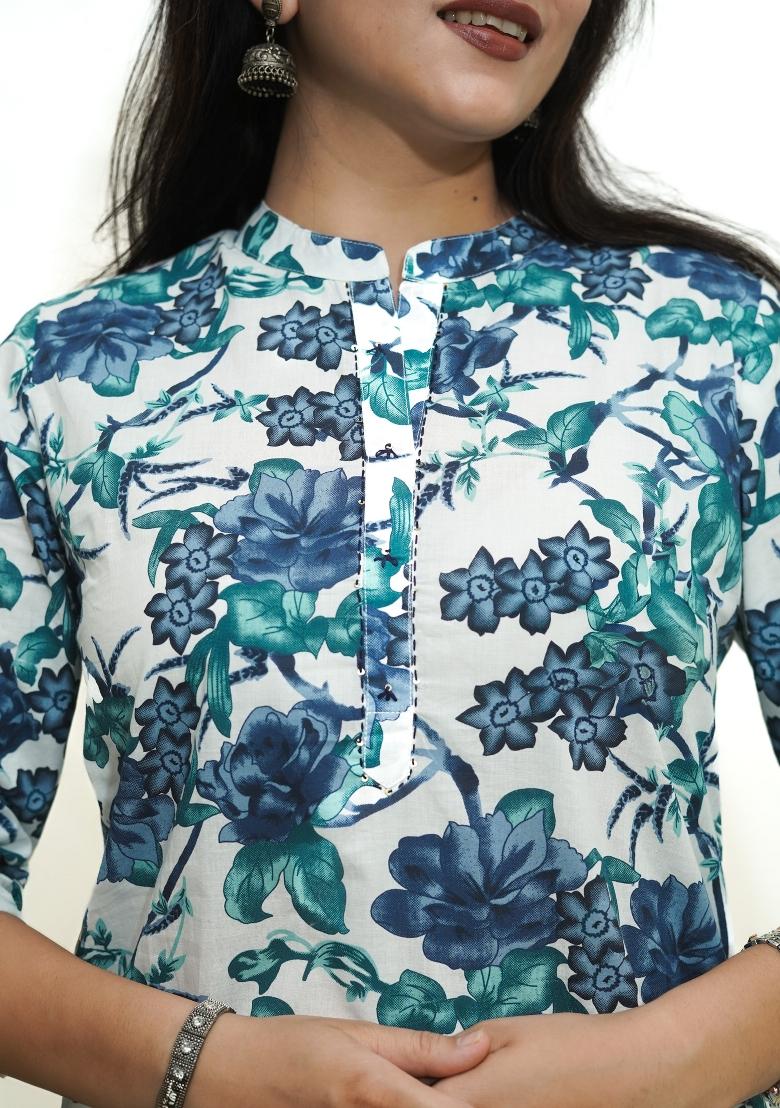 White  And Blue Floral Motifs Cotton Kurta