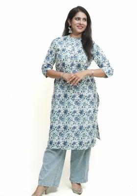 White  And Blue Floral Motifs Cotton Kurta