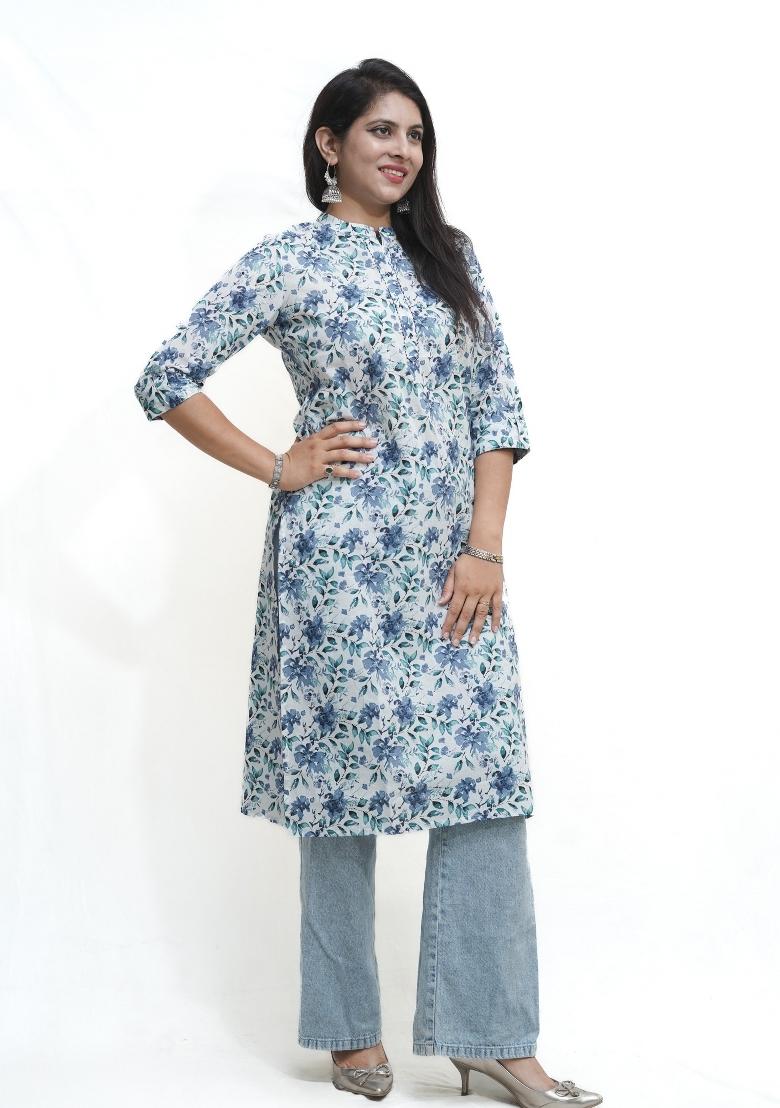 White  And Blue Floral Motifs Cotton Kurta