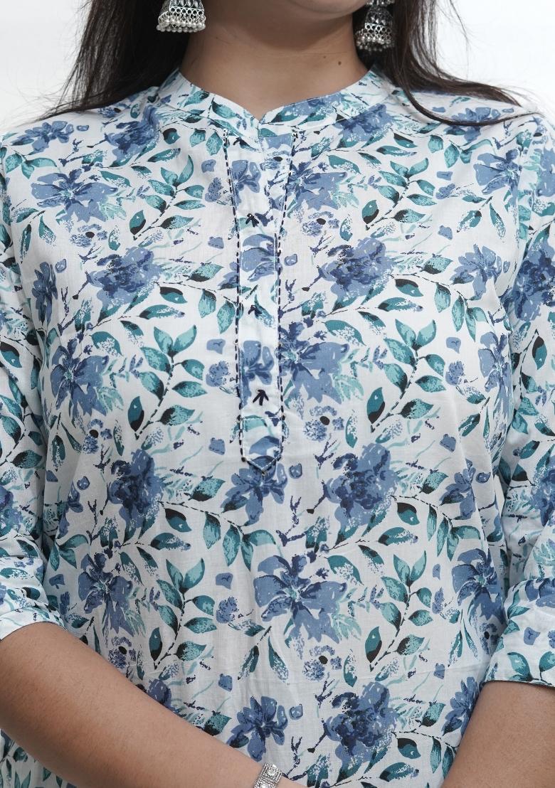 White  And Blue Floral Motifs Cotton Kurta