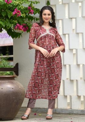 Brown Printed Georgette Kurti