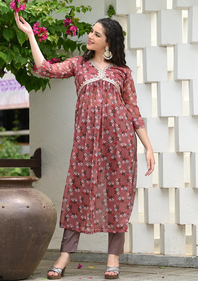 Brown Printed Georgette Kurti