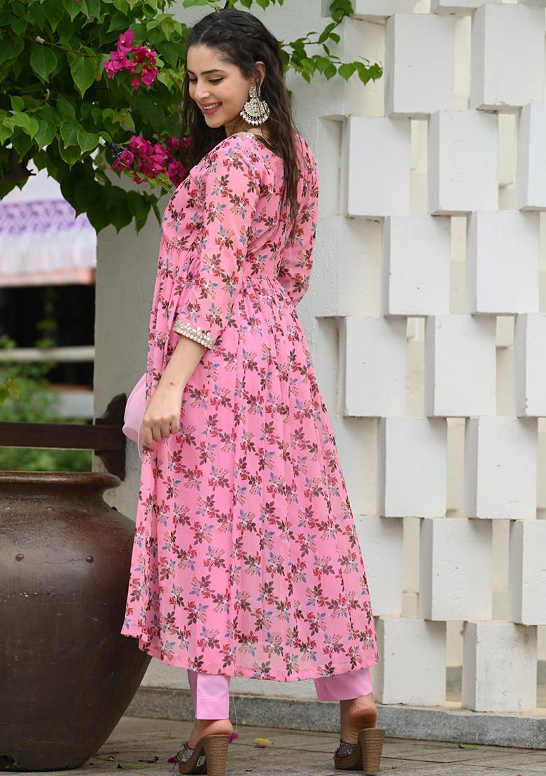Baby Pink Printed Georgette Kurti