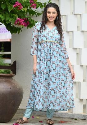 Sky Blue Printed Georgette Kurta 