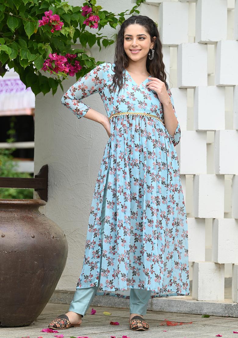 Sky Blue Printed Georgette Kurta 