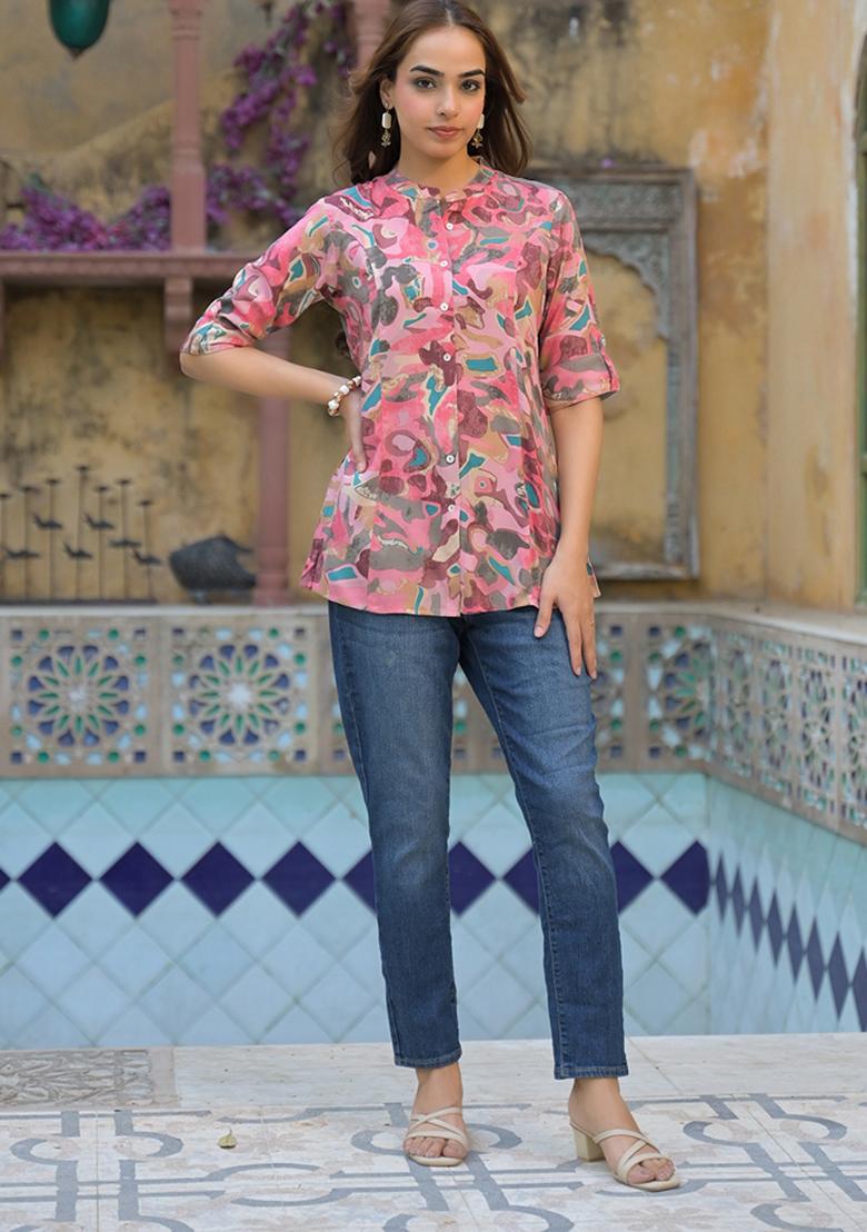 Pink embroidered Rayon Tops