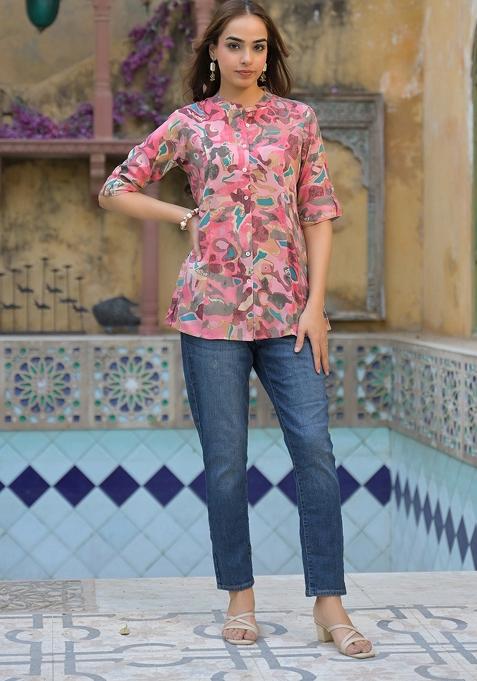 Pink embroidered Rayon Tops