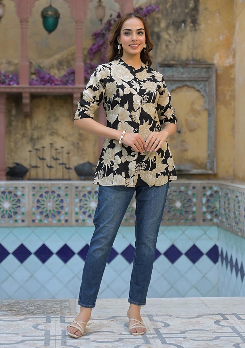 Black embroidered Rayon Tops