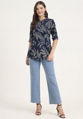 Navy Blue embroidered Rayon Tops