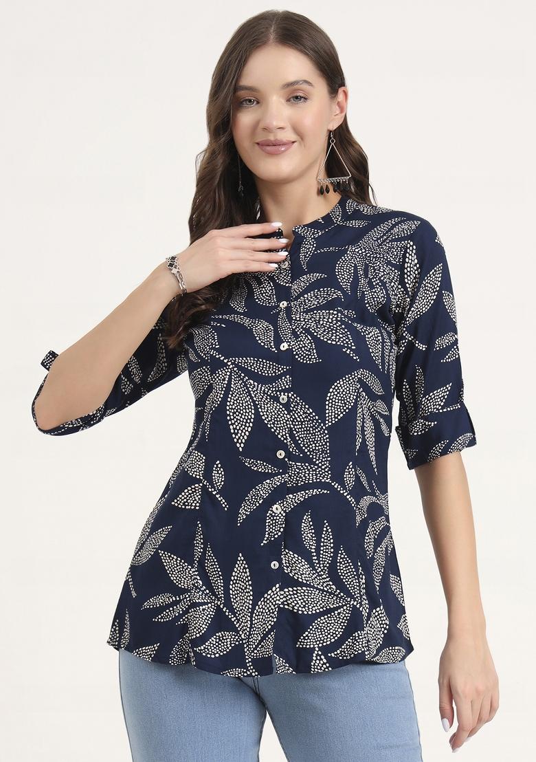 Navy Blue embroidered Rayon Tops