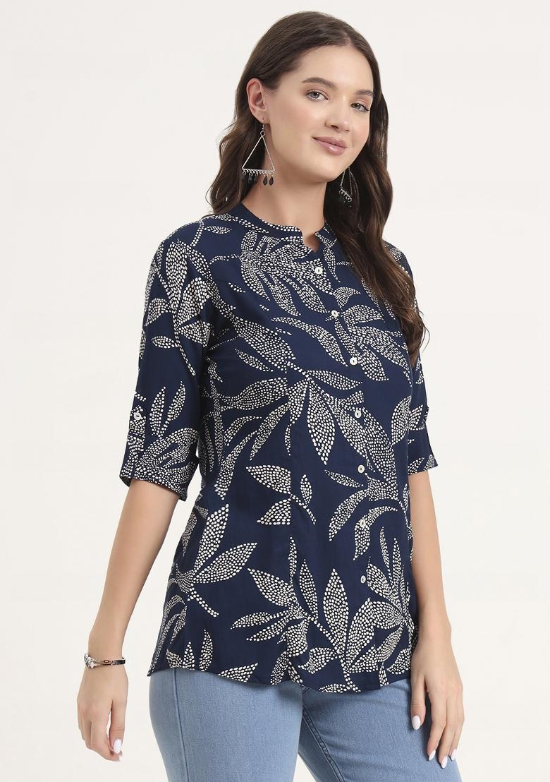 Navy Blue embroidered Rayon Tops