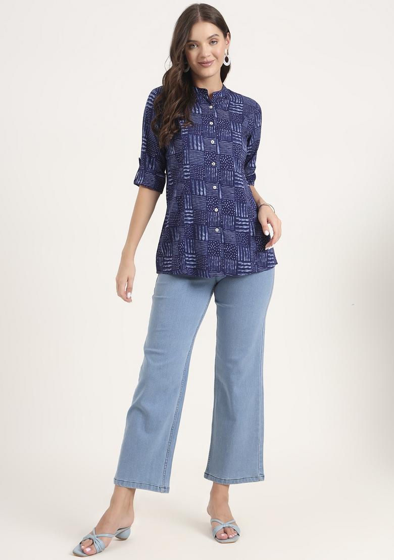 Blue embroidered Rayon Tops