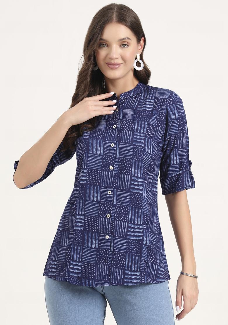 Blue embroidered Rayon Tops