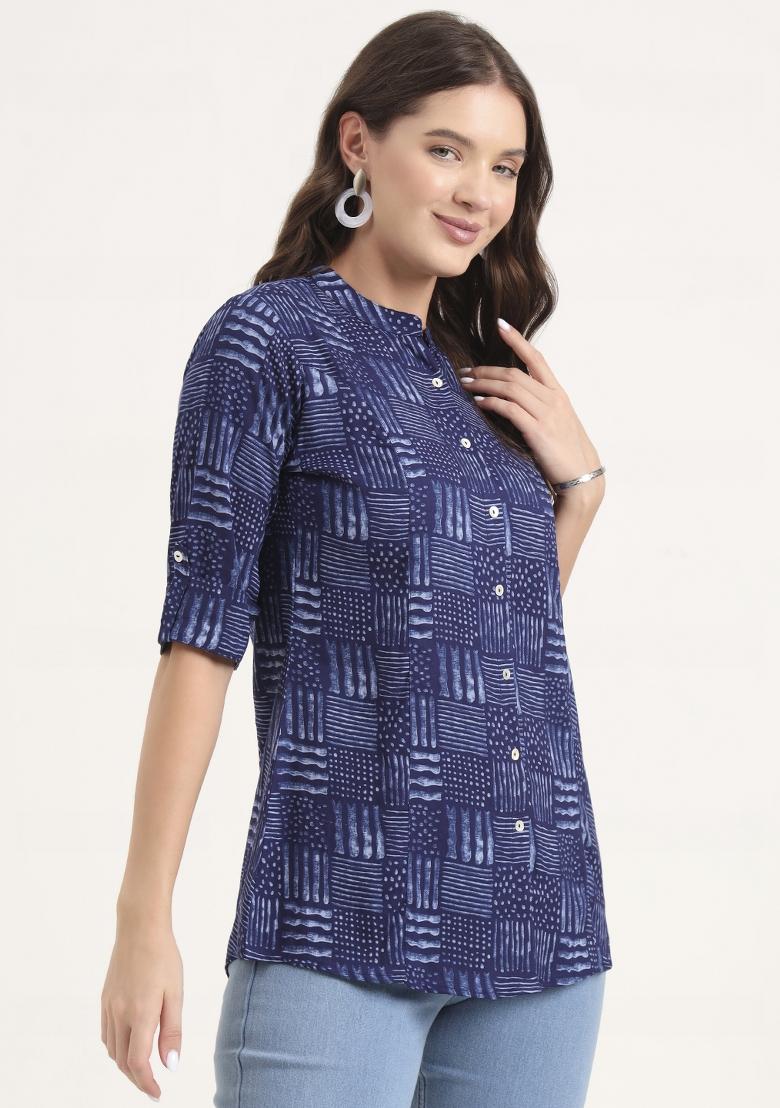 Blue embroidered Rayon Tops