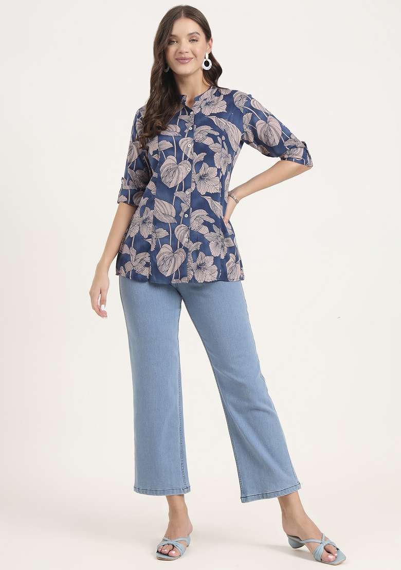 Navy Blue Floral Print Rayon Kurta - Indya