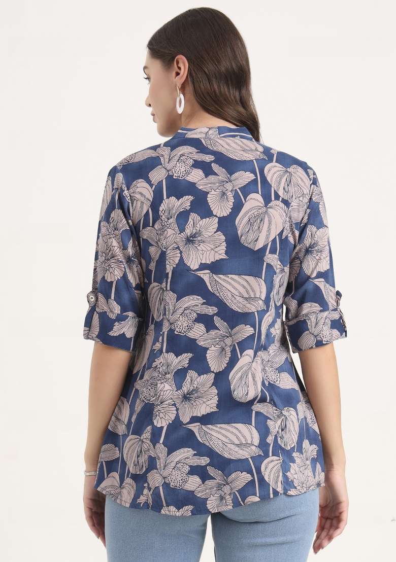 Navy Blue Floral Print Rayon Kurta - Indya
