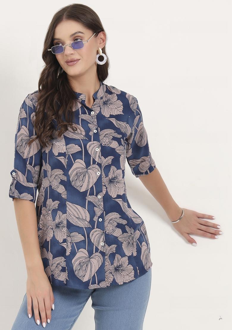 Navy Blue embroidered Rayon Tops