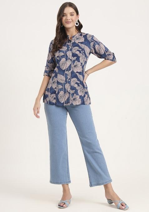 Navy Blue embroidered Rayon Tops