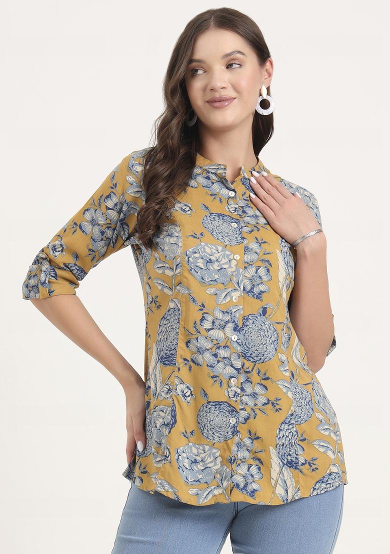 Mustard embroidered Rayon Tops