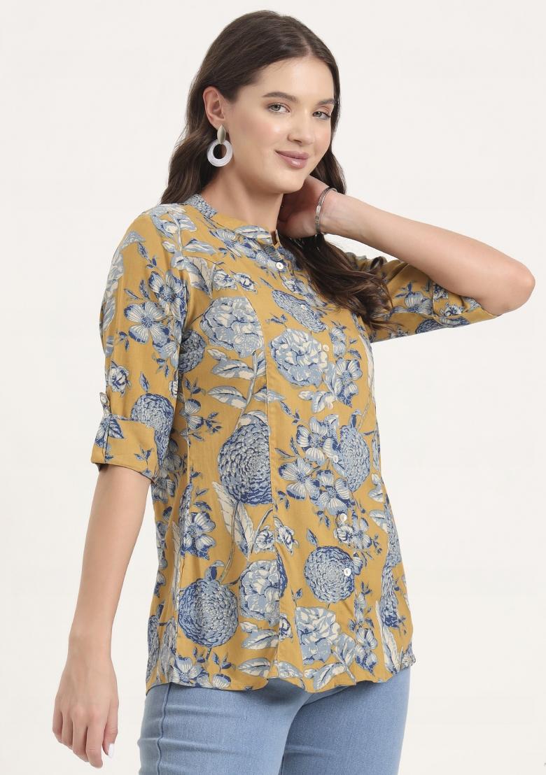 Mustard embroidered Rayon Tops