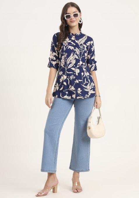 Blue embroidered Rayon Tops