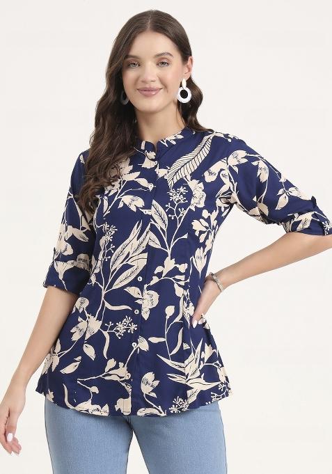 Blue embroidered Rayon Tops