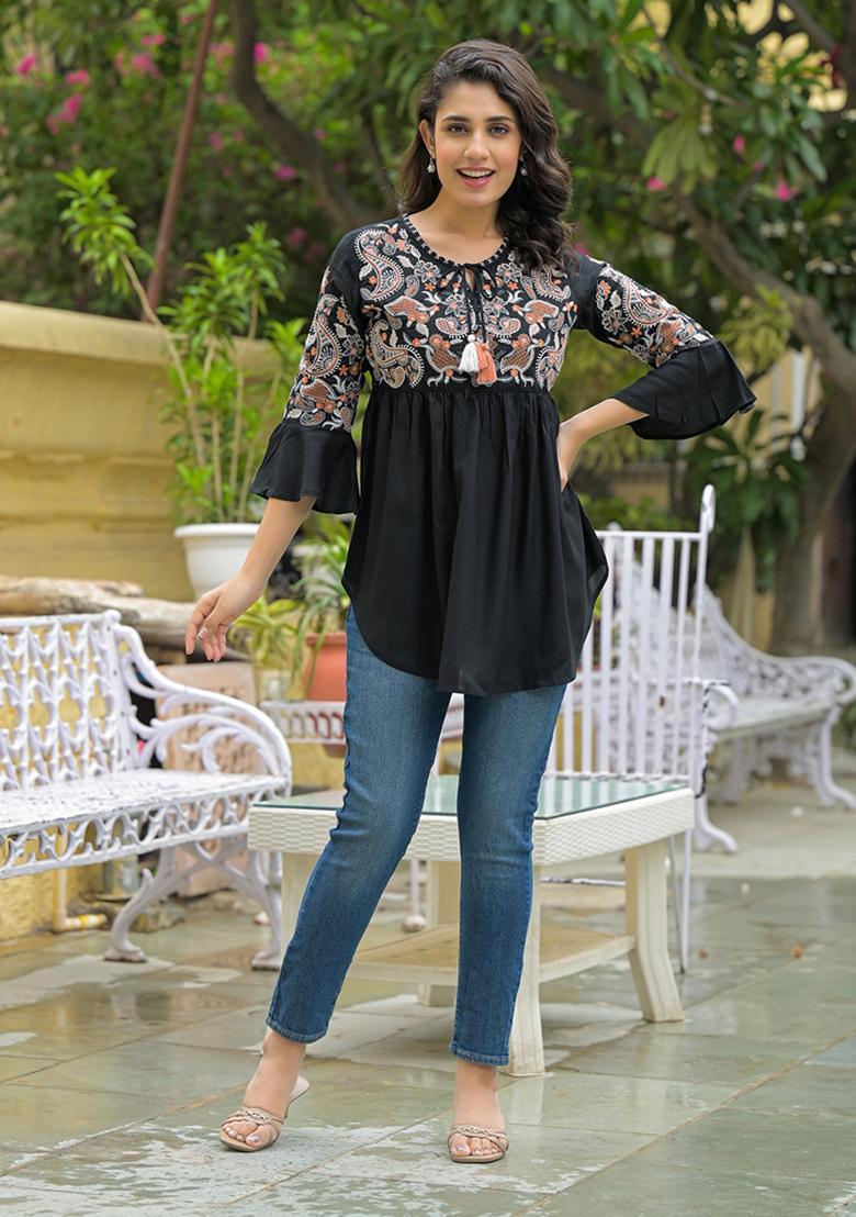 Black embroidered Rayon Tops