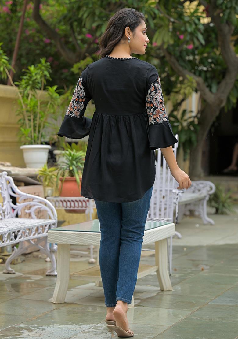 Black embroidered Rayon Tops