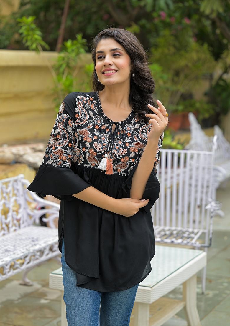 Black embroidered Rayon Tops