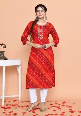 Red Embroidered Rayon Kurti
