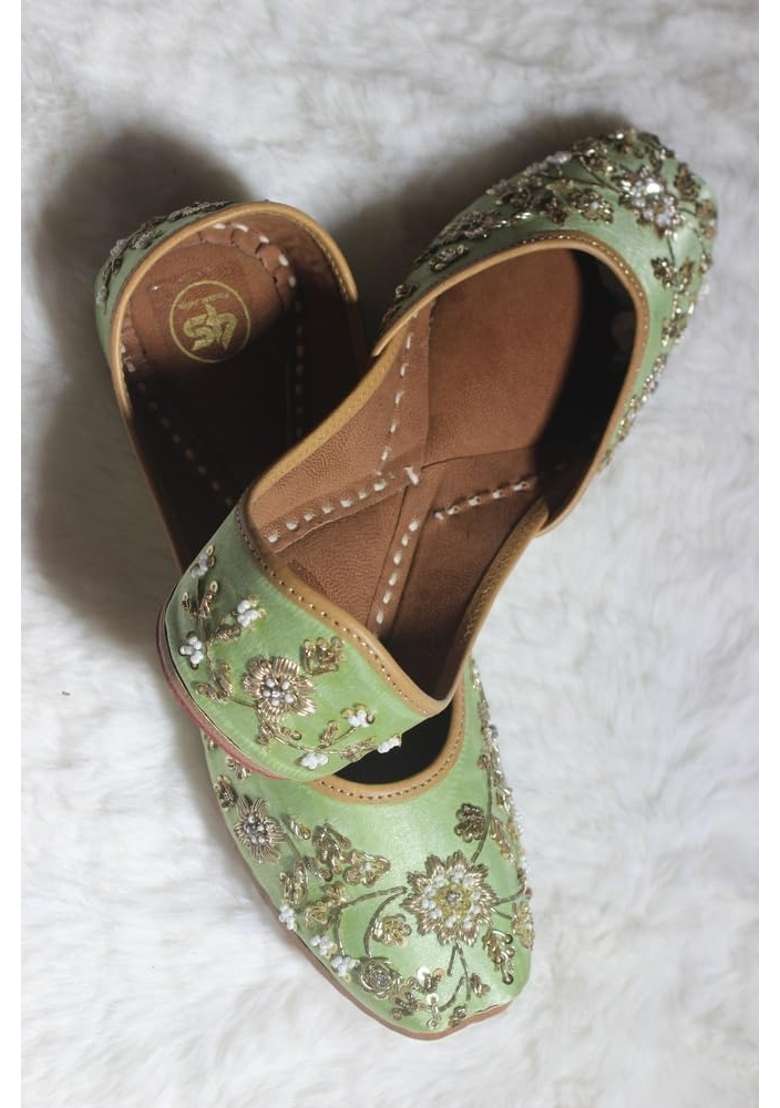 4S Premium Pista Green Embroidered Leather Jutti for Women - Indya