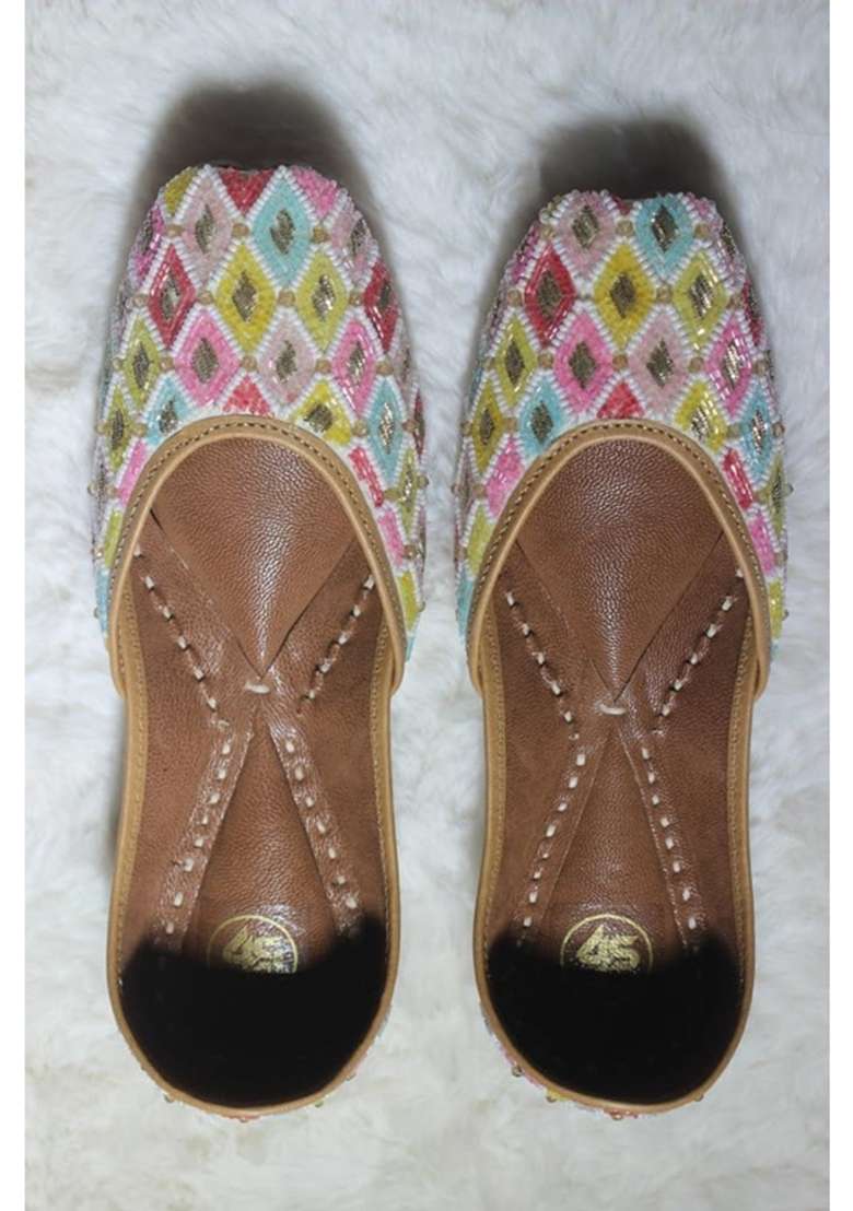 4S Womens Multicolored Geometric Beadwork Handcrafted Punjabi Jutti - Indya