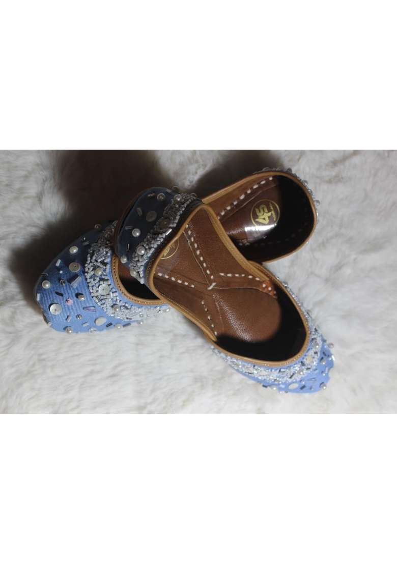 4S Handcrafted Sky Blue Denimlook Punjabi Jutti Pearl and Beads Embroidery Mojari with Genuine Leather Sole - Indya