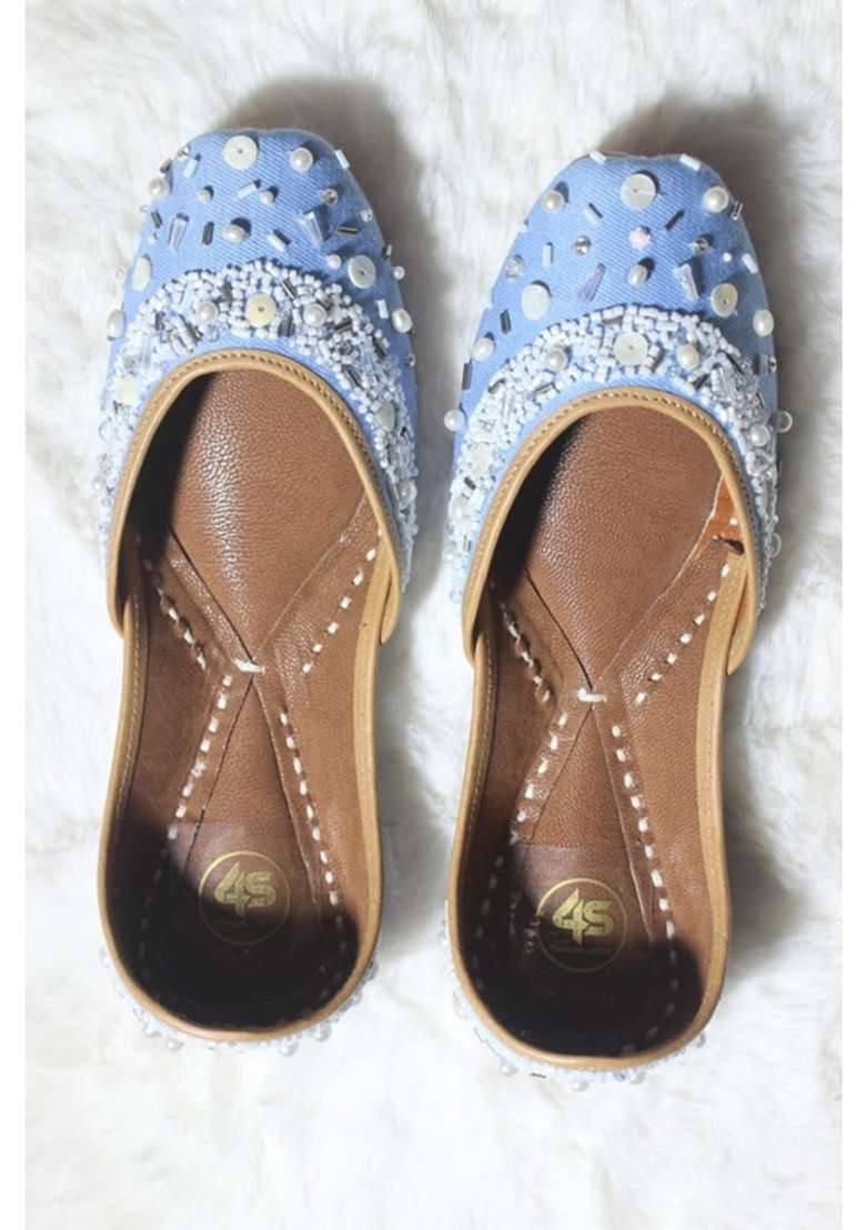 4S Handcrafted Sky Blue Denimlook Punjabi Jutti Pearl and Beads Embroidery Mojari with Genuine Leather Sole - Indya