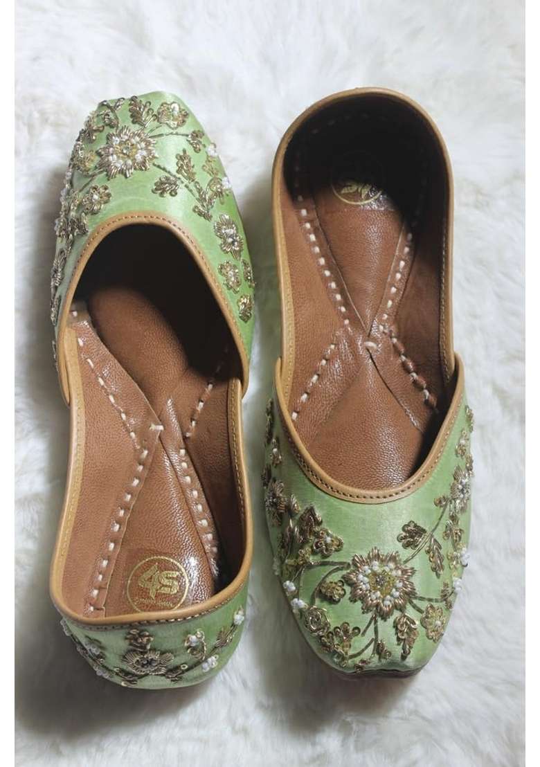 4S Premium Pista Green Embroidered Leather Jutti for Women - Indya
