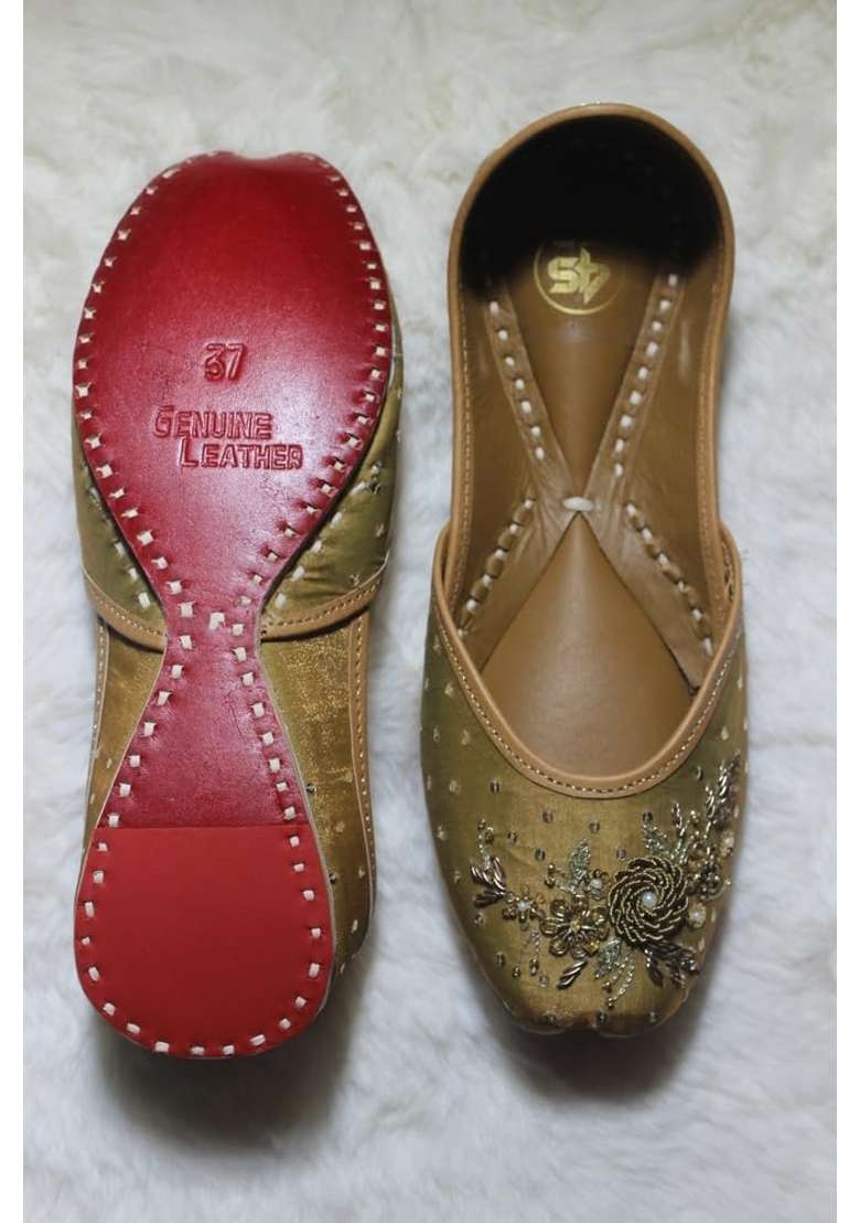 4S Womens Olive Gold Silk Handcrafted Floral Zardozi Embroidered Punjabi Jutti - Indya
