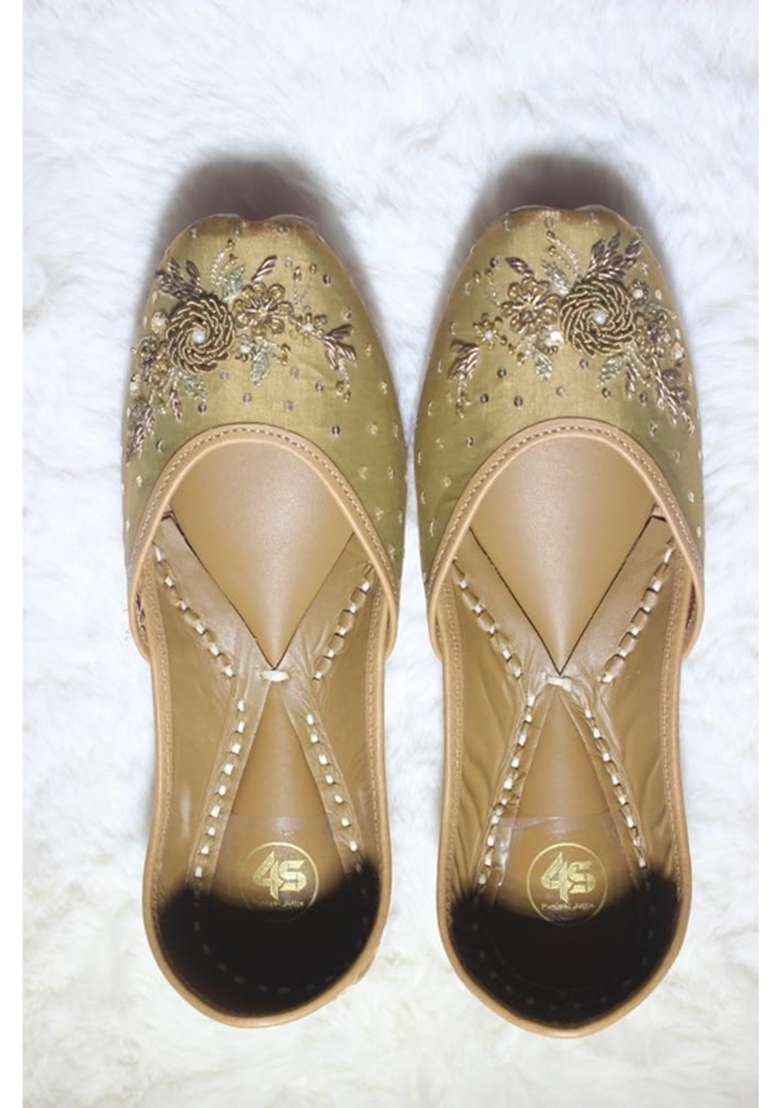 4S Womens Olive Gold Silk Handcrafted Floral Zardozi Embroidered Punjabi Jutti - Indya