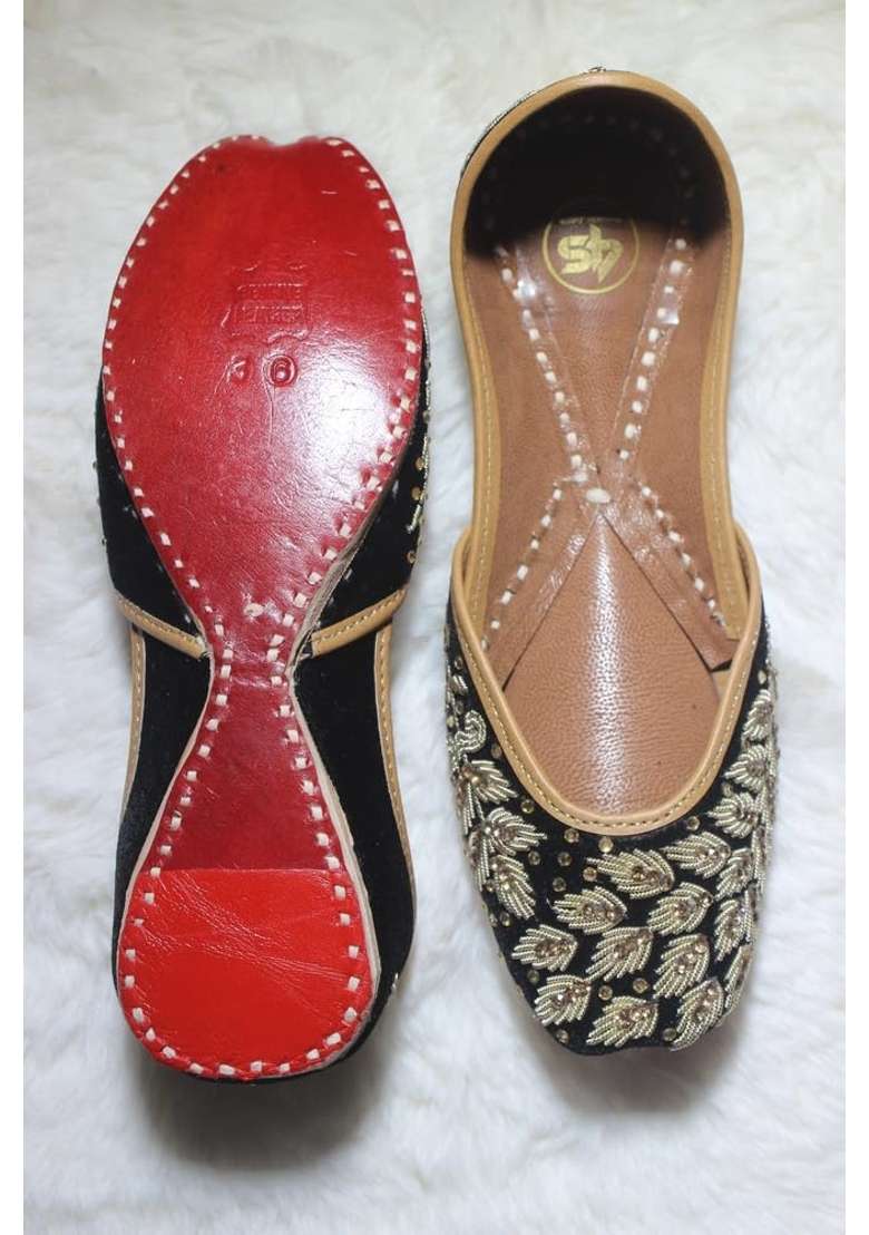 4S Womens Black Velvet Handcrafted Punjabi Jutti Gold Embroidery Leather Sole Ethnic Wedding Footwear - Indya