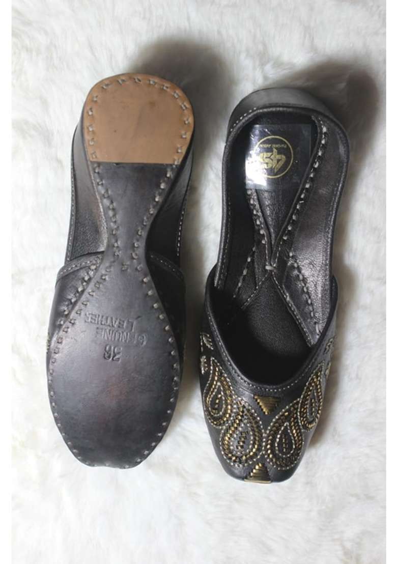 4S Womens Handcrafted Dark Brown Punjabi Jutti Paisley Gold Beadwork Ethnic Mojari - Indya