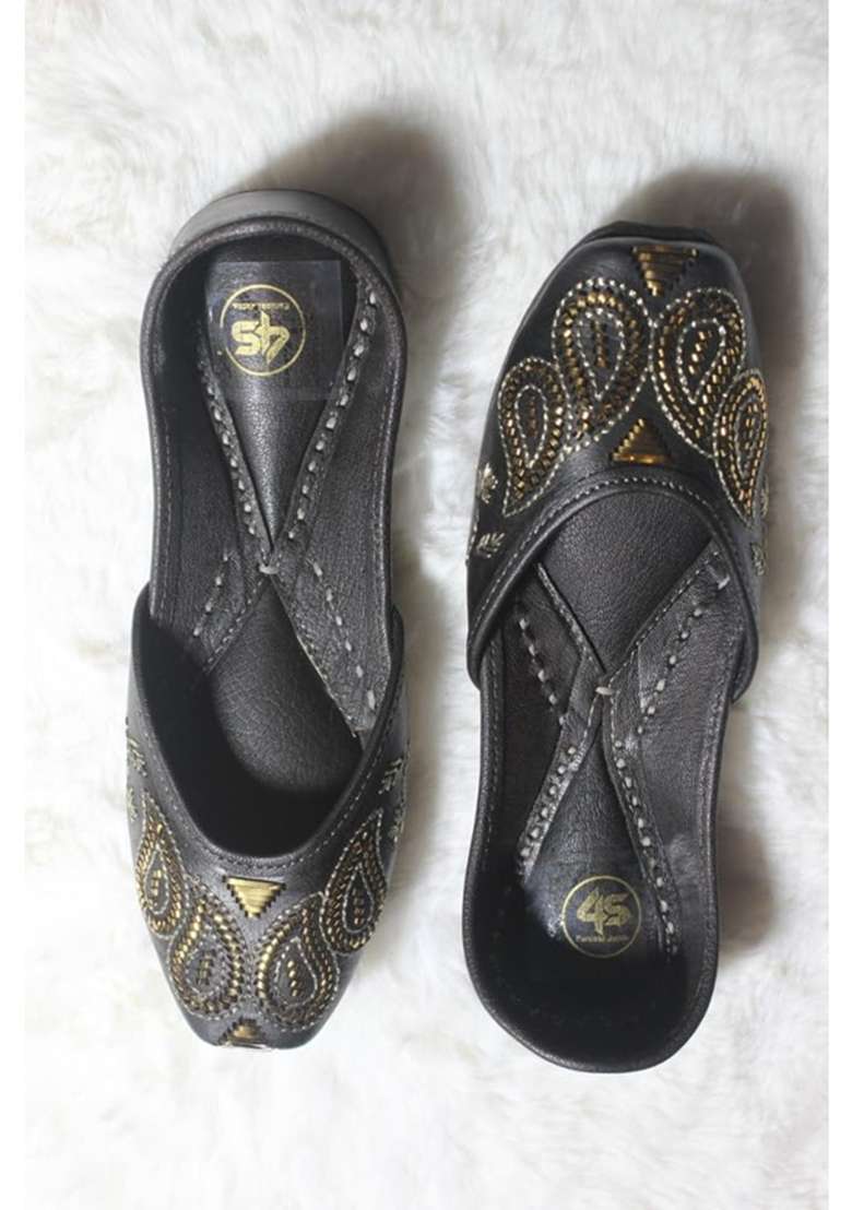4S Womens Handcrafted Dark Brown Punjabi Jutti Paisley Gold Beadwork Ethnic Mojari - Indya