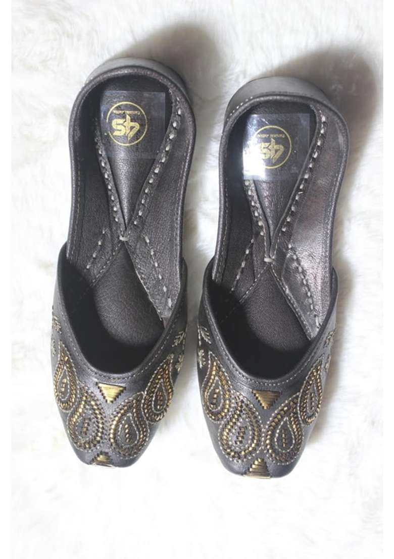 4S Womens Handcrafted Dark Brown Punjabi Jutti Paisley Gold Beadwork Ethnic Mojari - Indya