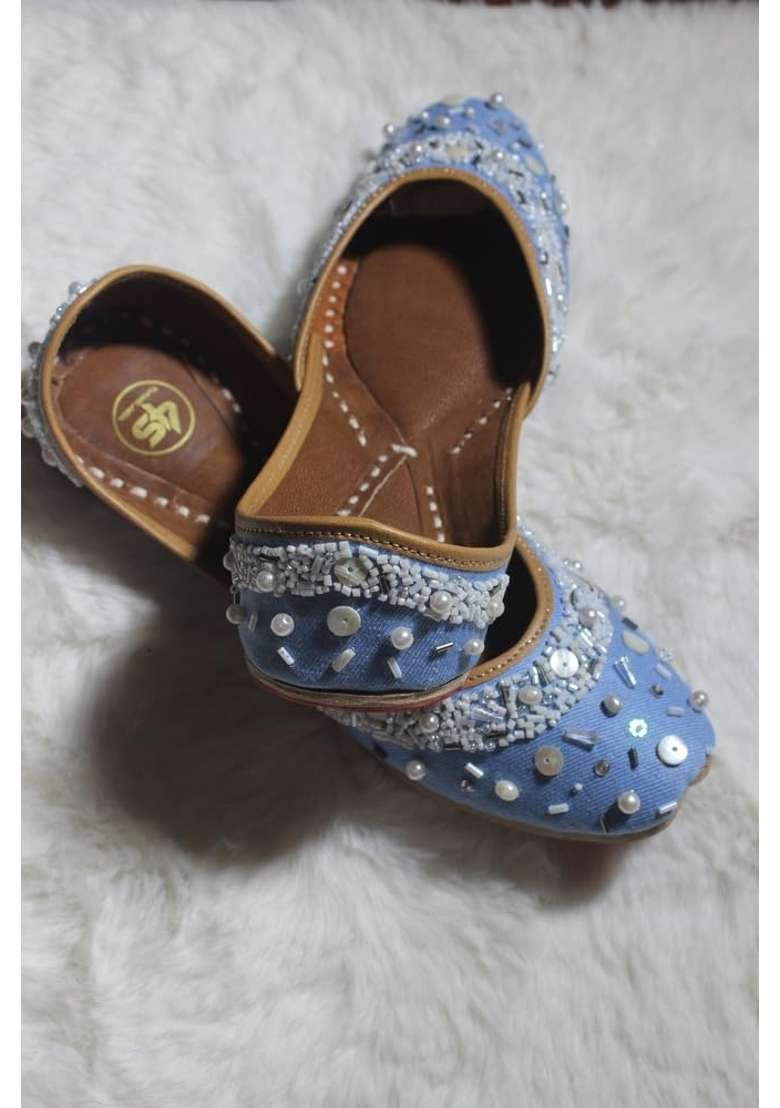 4S Handcrafted Sky Blue Denimlook Punjabi Jutti Pearl and Beads Embroidery Mojari with Genuine Leather Sole - Indya