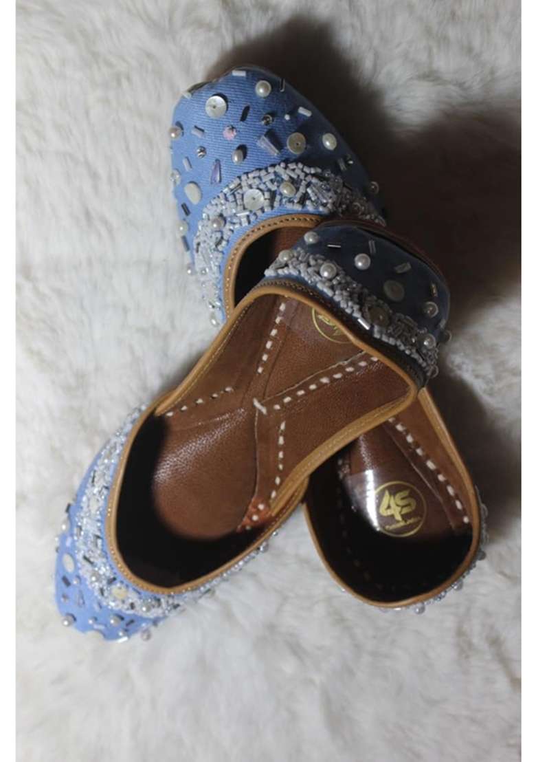 4S Handcrafted Sky Blue Denimlook Punjabi Jutti Pearl and Beads Embroidery Mojari with Genuine Leather Sole - Indya