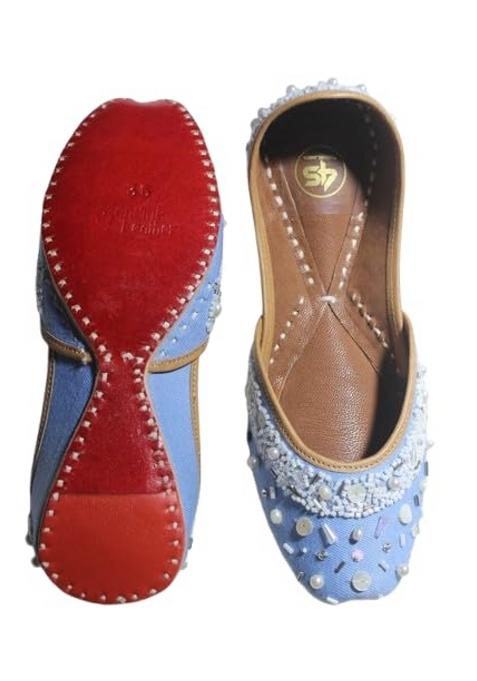 4S Handcrafted Sky Blue Denimlook Punjabi Jutti Pearl and Beads Embroidery Mojari with Genuine Leather Sole
