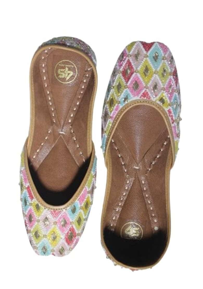 4S Womens Multicolored Geometric Beadwork Handcrafted Punjabi Jutti - Indya