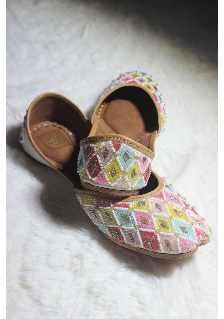 4S Womens Multicolored Geometric Beadwork Handcrafted Punjabi Jutti - Indya