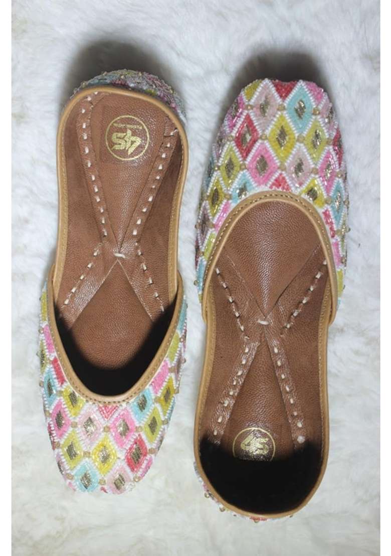 4S Womens Multicolored Geometric Beadwork Handcrafted Punjabi Jutti - Indya