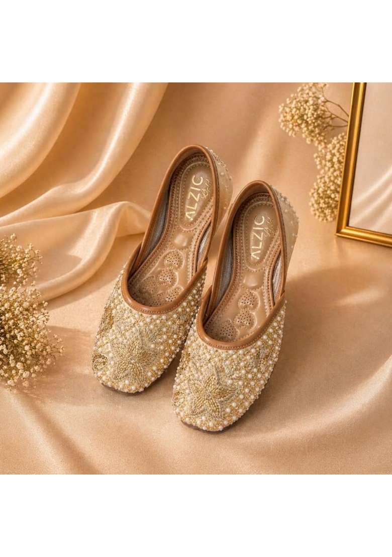 Alzic Gold Embroidered Womens Ethnic Jutti Handcrafted Beaded and Sequin Work Traditional Flat Jutti - Indya